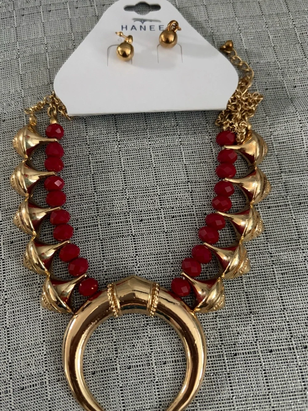 Hanee Gold-Tone Crescent Necklace with Red Beads